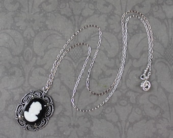 Vintage Sterling Silver Filigree Marcasite Black and White Cameo Necklace