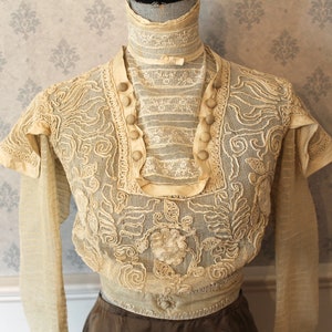 Antique Edwardian 1900s Soutache Net Lace High Neck Blouse image 1
