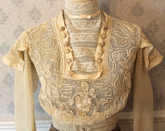 Antique Edwardian 1900s Soutache Net Lace High Neck Blouse