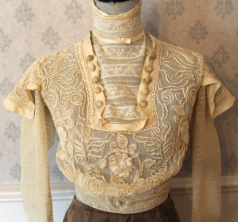 Antique Edwardian 1900s Soutache Net Lace High Neck Blouse image 1