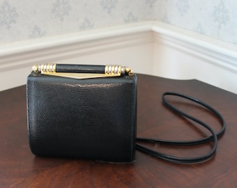 Vintage 1970s to 1980s Rodo Black Reptile Leather Gold and Silver Accented Hard Body Purse