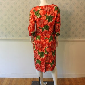 Vintage 1950s to 1960s Red, Pink & Green Bright Floral Print Silk Matching Pencil Dress and Short image 7