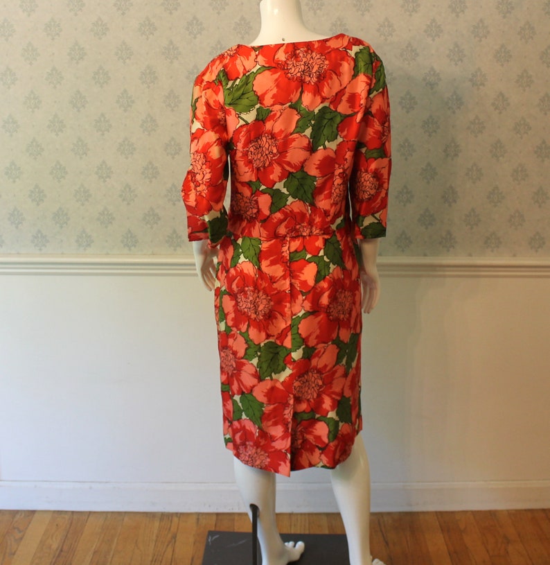 Vintage 1950s to 1960s Red, Pink & Green Bright Floral Print Silk Matching Pencil Dress and Short image 7