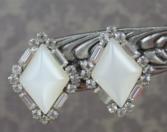 Vintage White Moonstone Lucite Diamond Shaped Clear Rhinestone Coro Designer Clip On Earrings