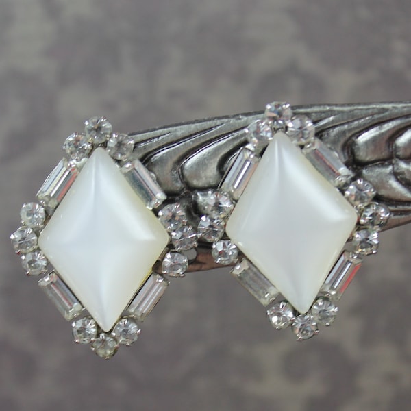 Vintage White Moonstone Lucite Diamond Shaped Clear Rhinestone Coro Designer Clip On Earrings