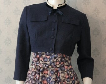 Vintage 1950s Mid Century Purple, White, Black and Pink Circles Printed Dress with Cropped Navy Blue Jacket