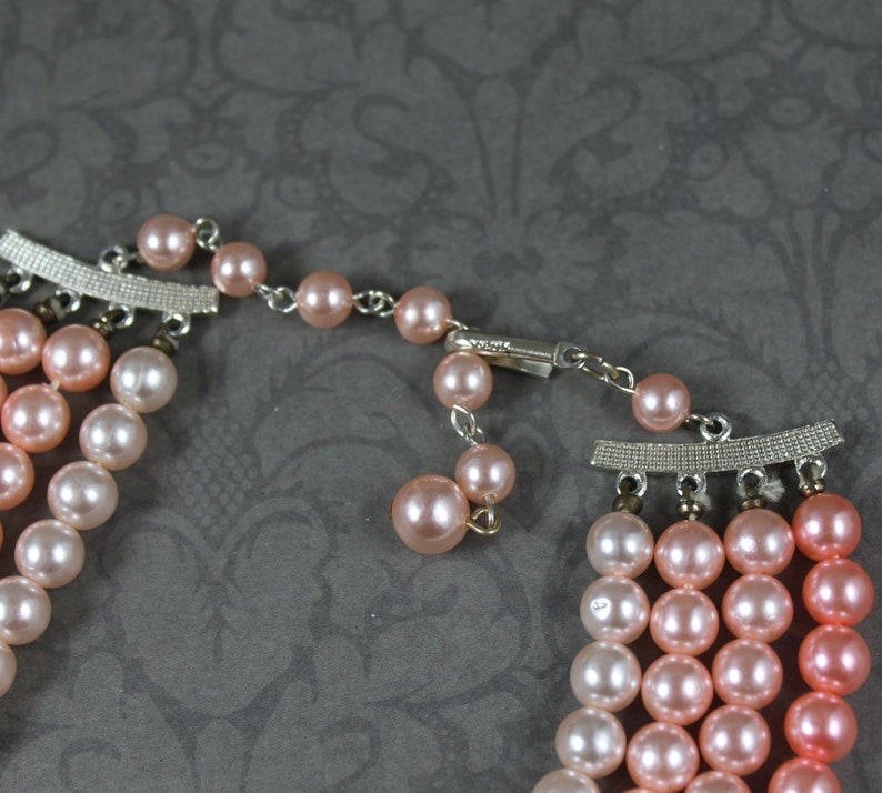 Vintage 1950s to 1960s 4 Strand Pink Faux Pearl Graduated Beaded Japan Necklace image 4