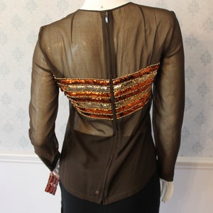 Vintage 1970s Brown Sheer Orange and Gold Sequin Long Sleeve Top image 4