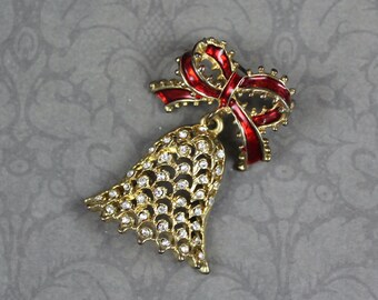 Vintage Clear Rhinestone Red Enamel Gold Tone Christmas Bell Brooch