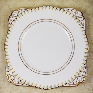 Vintage 1930s Art Deco Green, Orange and Gold Tuscan China Square Dessert Serving Plate