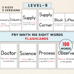 Op de afbeelding: Een set Fry Ninth 100 sight words flashcards met 2 formaten en 2 versies. De witte rechthoekige kaarten tonen zwarte tekst met voorbeeldzinnen, waaronder woorden als Necessary, Industry, Supply, Block, Lifted, Doctor, Science, Process en Observe.