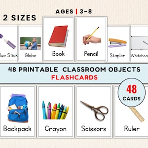 Può includere: Un set di 48 flashcard stampabili con oggetti scolastici per bambini dai 3 agli 8 anni. Le carte presentano illustrazioni di materiale scolastico tra cui colla stick, mappamondo, libro, matita, cucitrice, lavagna, zaino, pastelli e righello.
