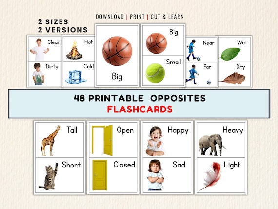 48 Opposites Flashcards, Printable Learning Cards for Preschool, Pre-K & Kindergarten PDF | 2 Sizes