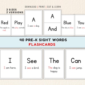 Può includere: Un set di 40 flashcard con parole comuni per la scuola dell'infanzia, con testo nero su schede rettangolari bianche. Le schede mostrano singole parole e brevi frasi con testo evidenziato. Il banner centrale riporta 40 PRE-K SIGHT WORDS FLASHCARDS.
