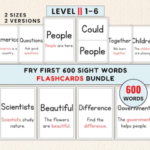 Può includere: Un set di flashcard educative con le prime 600 parole del metodo Fry. Le carte mostrano termini come America, People, Could, Together, Children, Scientists, Beautiful, Difference e Government, accompagnati da frasi in testo nero e rosso.