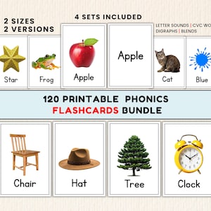 May include: A collection of 120 printable phonics flashcards. The cards feature images and words like "Star," "Frog," "Apple," "Cat," "Blue," "Chair," "Hat," "Tree," and "Clock." The set includes 2 sizes and 2 versions, with 4 sets included.
