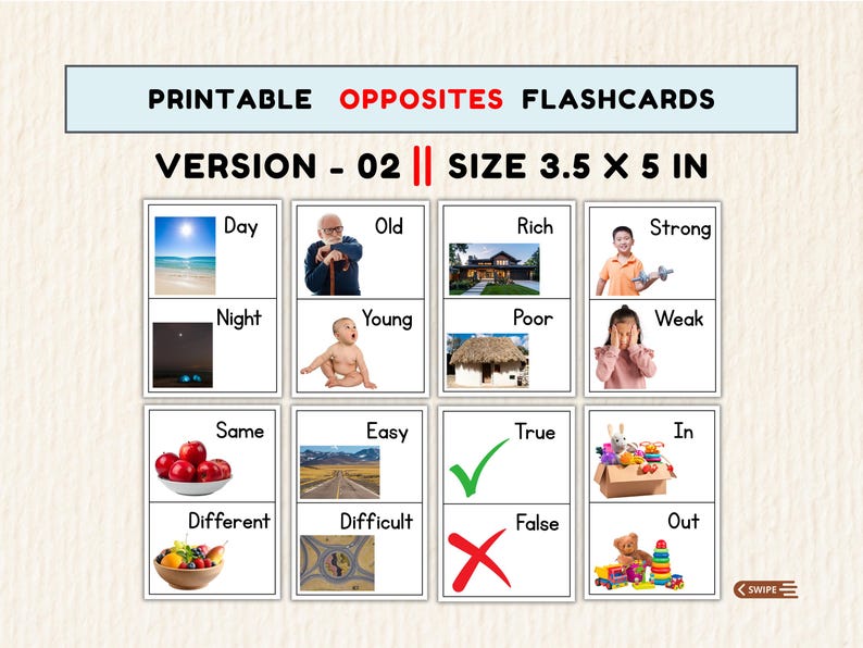 48 Opposites Flashcards, Printable Learning Cards for Preschool, Pre-K & Kindergarten PDF | 2 Sizes image 8