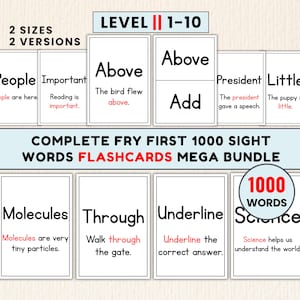 Op de afbeelding: Een set Fry-flitskaarten met zichtwoorden in zwarte tekst op witte kaarten. De kaarten tonen individuele woorden zoals People, Important, Above, Add, President, Little, Molecules, Through, Underline en Science met voorbeeldzinnen onder elk woord.