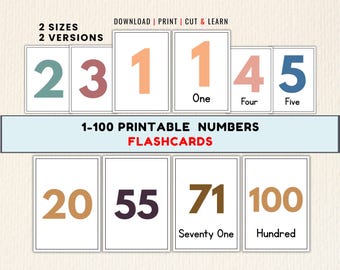 1-100 Number Flashcards, Printable Counting Learning Cards (2 Sizes, 2 Versions)