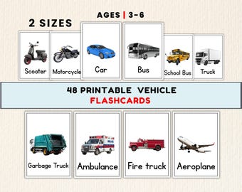 48 Realistic Vehicle Flashcards, Preschool Learning, Transportation Theme (PDF Download)