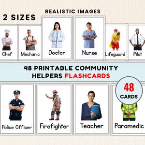 Puede incluir: Un conjunto de 48 tarjetas didácticas imprimibles sobre trabajadores comunitarios con imágenes realistas de diversas profesiones, incluyendo chef, mecánico, médico, enfermero, socorrista, piloto, policía, bombero, maestro y paramédico.