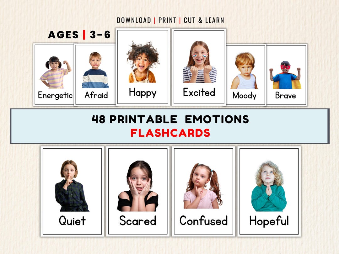 48 Emotions Flashcards for Kids Printable Feelings Cards Preschool ...