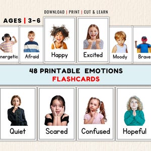 48 Flashcard sulle emozioni per bambini, stampabili, per l'apprendimento prescolare (PDF).