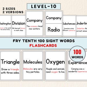 Puede incluir: Un conjunto de tarjetas didácticas Fry Tenth 100 Sight Words de nivel 10 con 100 palabras en dos tamaños y dos versiones. Cada tarjeta rectangular blanca muestra una palabra en negro con una oración debajo, resaltando la palabra en rojo.
