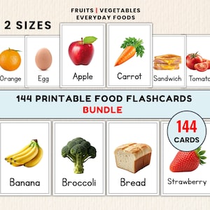 Puede incluir: Un conjunto de 144 tarjetas didácticas imprimibles sobre alimentos que incluyen frutas, verduras y comidas cotidianas. Cada tarjeta muestra una imagen realista de un artículo como naranja, huevo, manzana, zanahoria, sándwich, tomate, plátano, brócoli, pan o fresa.