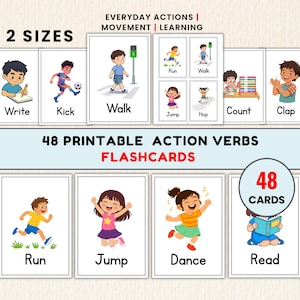 Puede incluir: Un conjunto de 48 tarjetas didácticas imprimibles de verbos de acción con coloridas ilustraciones de dibujos animados de niños realizando diversas actividades como escribir, patear, caminar, correr, saltar, bailar, contar, aplaudir y leer con etiquetas.