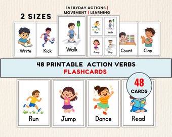 May include: A set of 48 printable action verb flashcards featuring colorful cartoon illustrations of children performing various activities like writing, kicking, walking, running, jumping, dancing, counting, clapping, and reading with text labels.