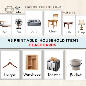 Puede incluir: Tarjetas didácticas imprimibles con varios artículos para el hogar, como una cama, un ventilador, un sofá, una silla, una mesa, una lámpara, una percha, un armario, una tostadora y un cubo. Se muestra el texto "48 PRINTABLE HOUSEHOLD ITEMS FLASHCARDS".