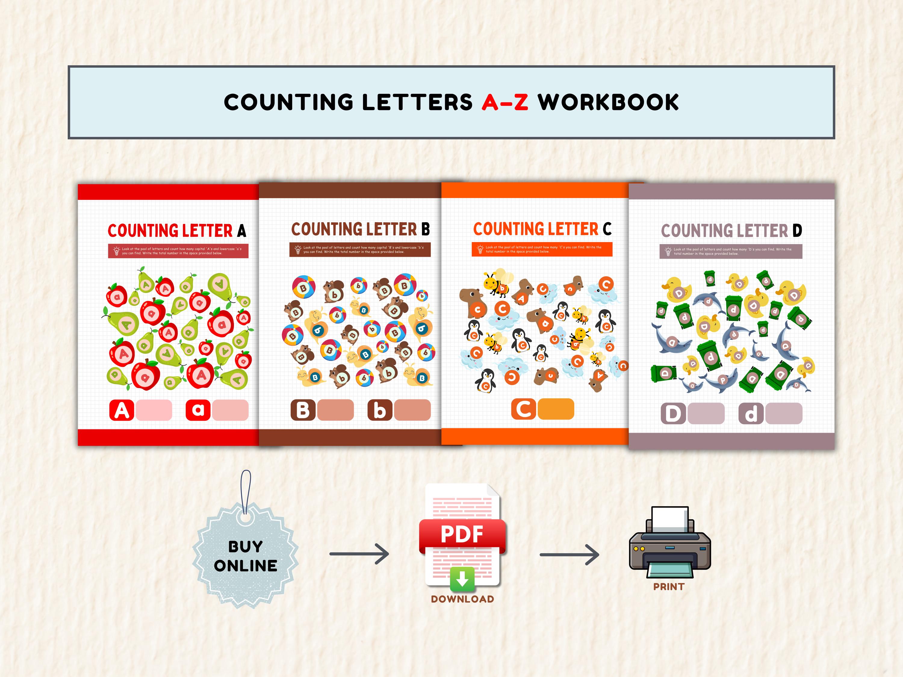 Counting Letter Example Counting Letters A–Z Workbook | Alphabet Counting Worksheets for ...