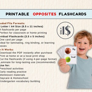 May include: Printable opposites flashcards featuring a basketball labeled "Big" and a tennis ball labeled "Small." The image includes text about file formats, instructions, and uses for preschool activities and early reading practice. A young child is holding the flashcards.