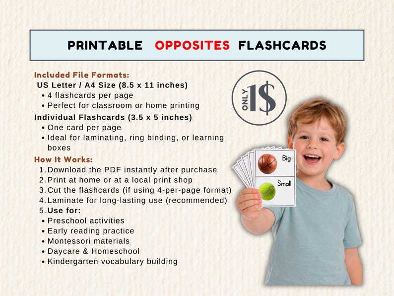 May include: Printable opposites flashcards featuring a basketball labeled "Big" and a tennis ball labeled "Small." The image includes text about file formats, instructions, and uses for preschool activities and early reading practice. A young child is holding the flashcards.