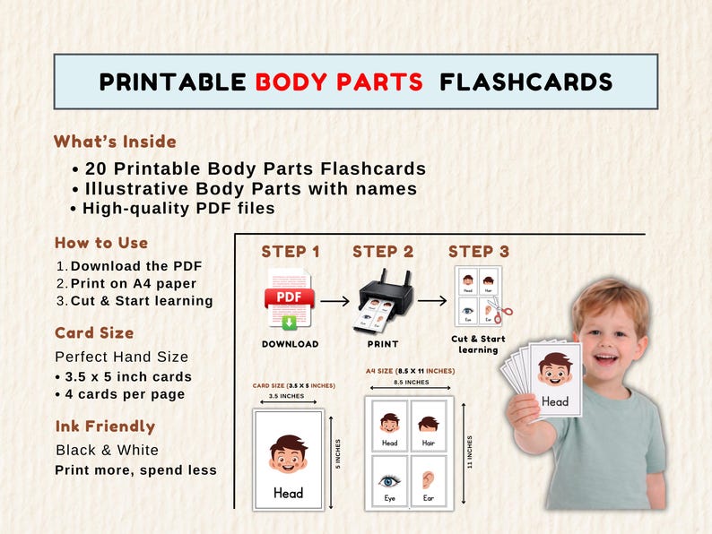 20 Body Parts Flashcards for Preschool | Printable Human Body Cards PDF ...