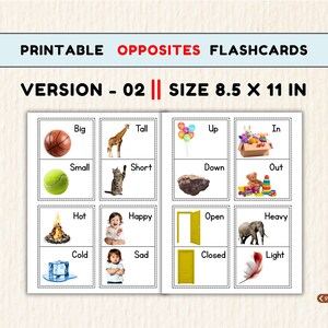 May include: Printable opposites flashcards, version 02, size 8.5 x 11 inches. The flashcards feature pairs of opposites such as big/small, tall/short, up/down, in/out, hot/cold, happy/sad, open/closed, and heavy/light.