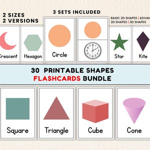 Pode incluir: Um conjunto de 30 cartões educativos imprimíveis com várias formas 2D e 3D. Os cartões exibem ilustrações de meia-lua, hexágono, círculo, relógio, estrela, pipa, quadrado, triângulo, cubo e cone com os nomes correspondentes impressos abaixo.