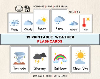 Weather Flashcards Printable Preschool Learning Activities Toddler Montessori Homeschool Kindergarten Weather Vocabulary PDF