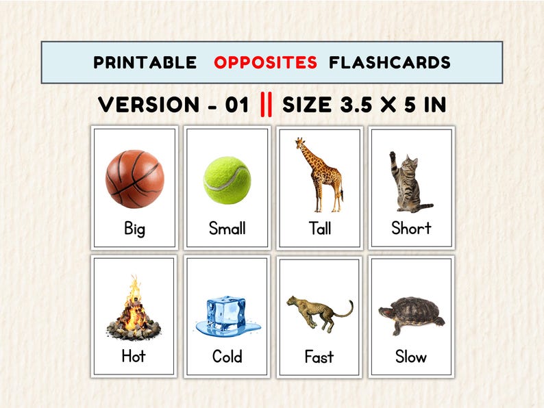 May include: Printable opposites flashcards, version 01, size 3.5 x 5 in. The flashcards feature images with contrasting concepts: big/small, tall/short, hot/cold, and fast/slow. Each card has a word label. The background is a light beige.