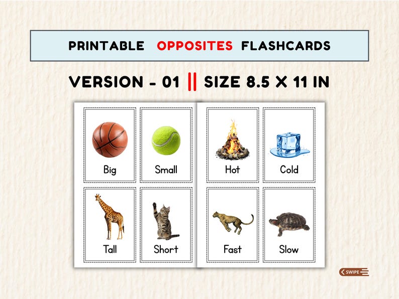 48 Opposites Flashcards, Printable Learning Cards for Preschool, Pre-K & Kindergarten PDF | 2 Sizes image 9