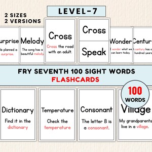 Puede incluir: Un conjunto de tarjetas didácticas Fry Seventh 100 Sight Words con 2 tamaños y 2 versiones. Las tarjetas muestran palabras como Surprise, Melody, Cross, Speak, Wonder, Century, Dictionary, Temperature, Consonant y Village con frases.
