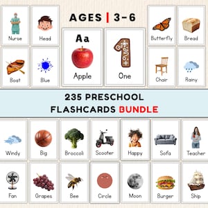 Bundel 235 voorschoolse flashcards: alfabet, cijfers, vormen, kleuren (digitale download)