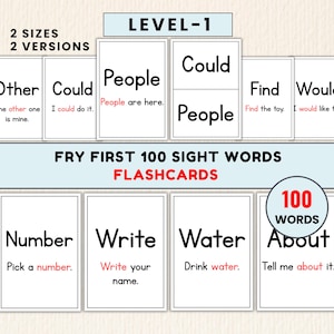 Fry First 100 Sight Words Flashcards with Sentences | 2 Sizes