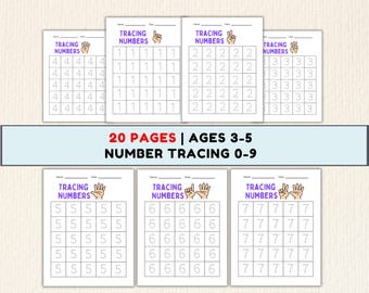 20 sifferspårningsarbetsblad, utskrivbar PDF för förskola, förskoleklass och dagis med sifferskrivningsövningar