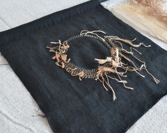 Textile Art - Black Linen Wall Hanging - Slow Stitching - Tea Strings