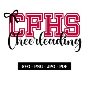 May include: Red and white "CFHS Cheerleading" graphic with a black bow on top.  The text is in a bold, blocky font.