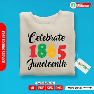 May include: A beige sweatshirt with the text "Celebrate 1865 Juneteenth" in black, red, green, and yellow lettering. The text is in a handwritten style font.