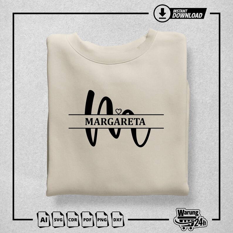May include: A beige sweatshirt with a black graphic design featuring the name "MARGARETA" in a split-line style with a small heart symbol above the name.
