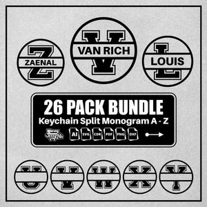 May include: A bundle of 26 black and white split monogram keychain designs. Each design features a split letter with a space for a name. The text "26 PACK BUNDLE Keychain Split Monogram A - Z" is displayed in a black banner. The text "Warung 24h AI SVG CDR PDF PNG DXF" is displayed in a white banner.